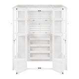 Victorian-style white greenhouse with double doors, wooden shelves, and slatted design, ideal for plants and gardening storage