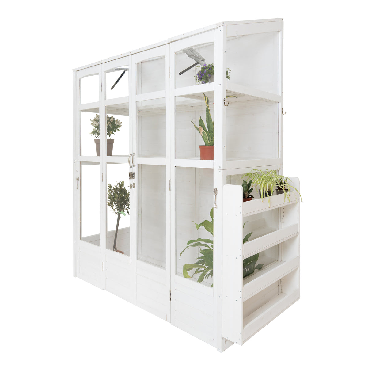 Victorian-style white greenhouse with large glass panels, wooden structure, and potted plants on shelves, ideal for gardening enthusiasts