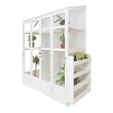 Victorian-style white greenhouse with large glass panels, wooden structure, and potted plants on shelves, ideal for gardening enthusiasts