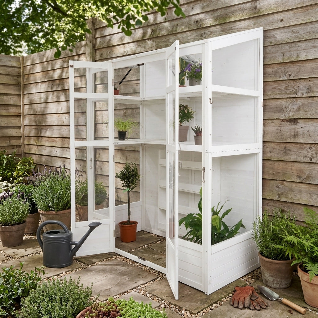 Victorian-style white greenhouse with glass panels, showcasing potted plants, surrounded by greenery and garden tools on stone path