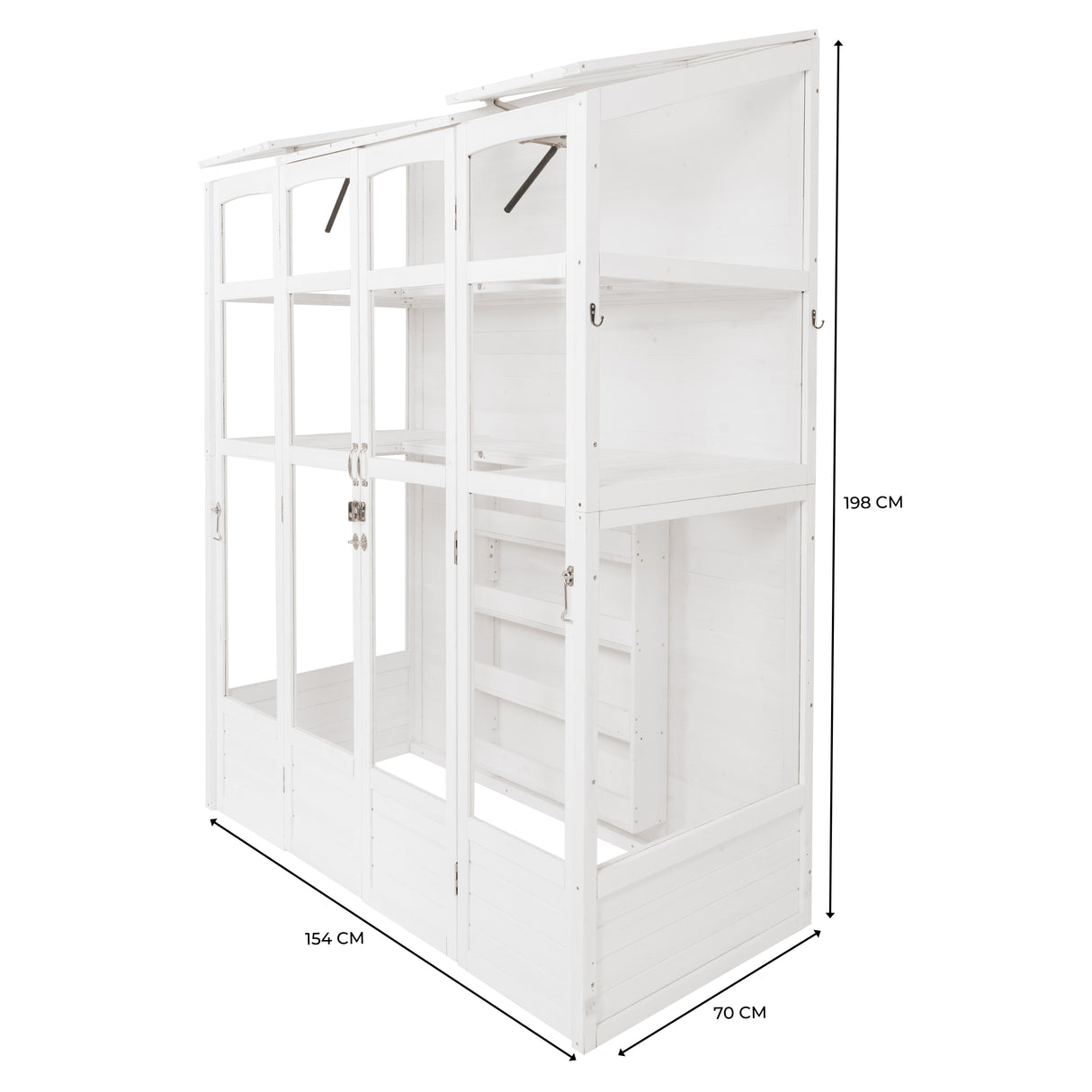 Victorian-style white greenhouse with multiple glass panels, shelves, and a sloped roof, ideal for plants and gardening enthusiasts