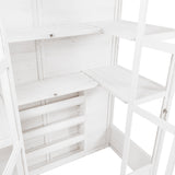 Spacious white Victorian greenhouse interior with wooden shelves, featuring a clean, minimalist design and ample natural light