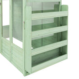 Victorian greenhouse in soft green wood, featuring multiple shelves and large glass panels for optimal sunlight and plant growth
