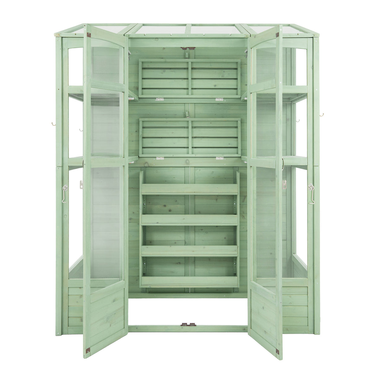 Victorian greenhouse in soft green, featuring wooden shelves, glass panels, and multiple doors for easy access and ventilation
