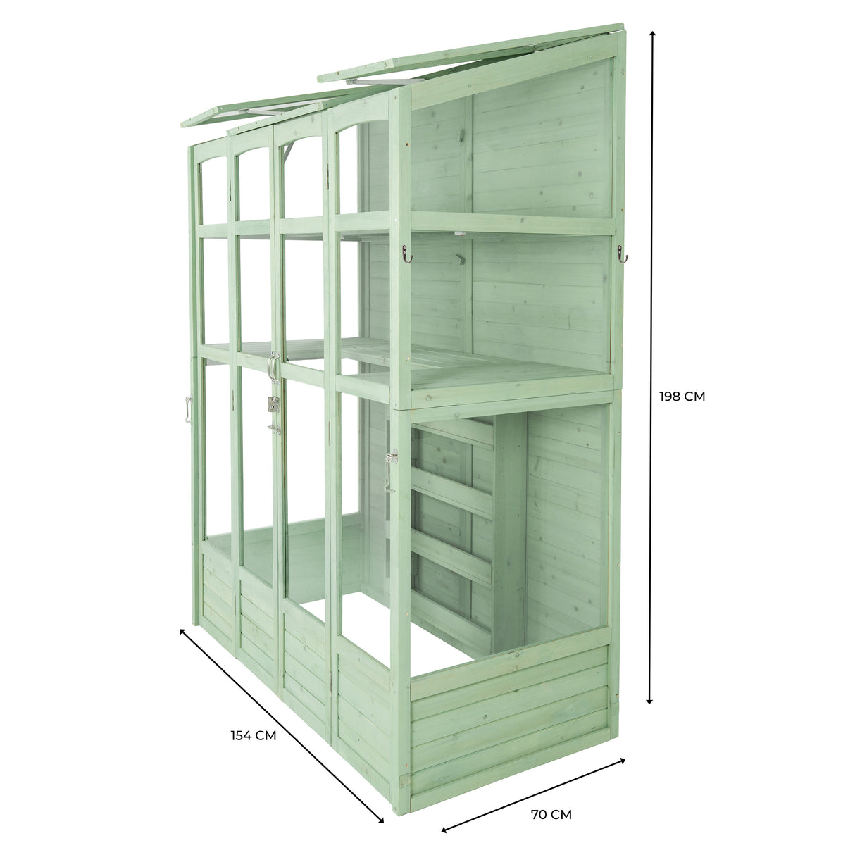 Victorian-style greenhouse in soft green wood, featuring multiple shelves, large glass panels, and a spacious design for plants