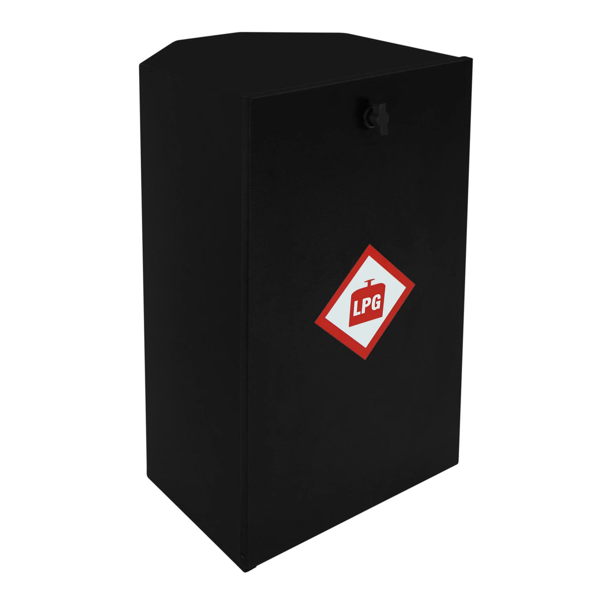 Black gas bottle locker for 6kg LPG bottles featuring a warning label, sturdy metal construction, and a secure locking mechanism