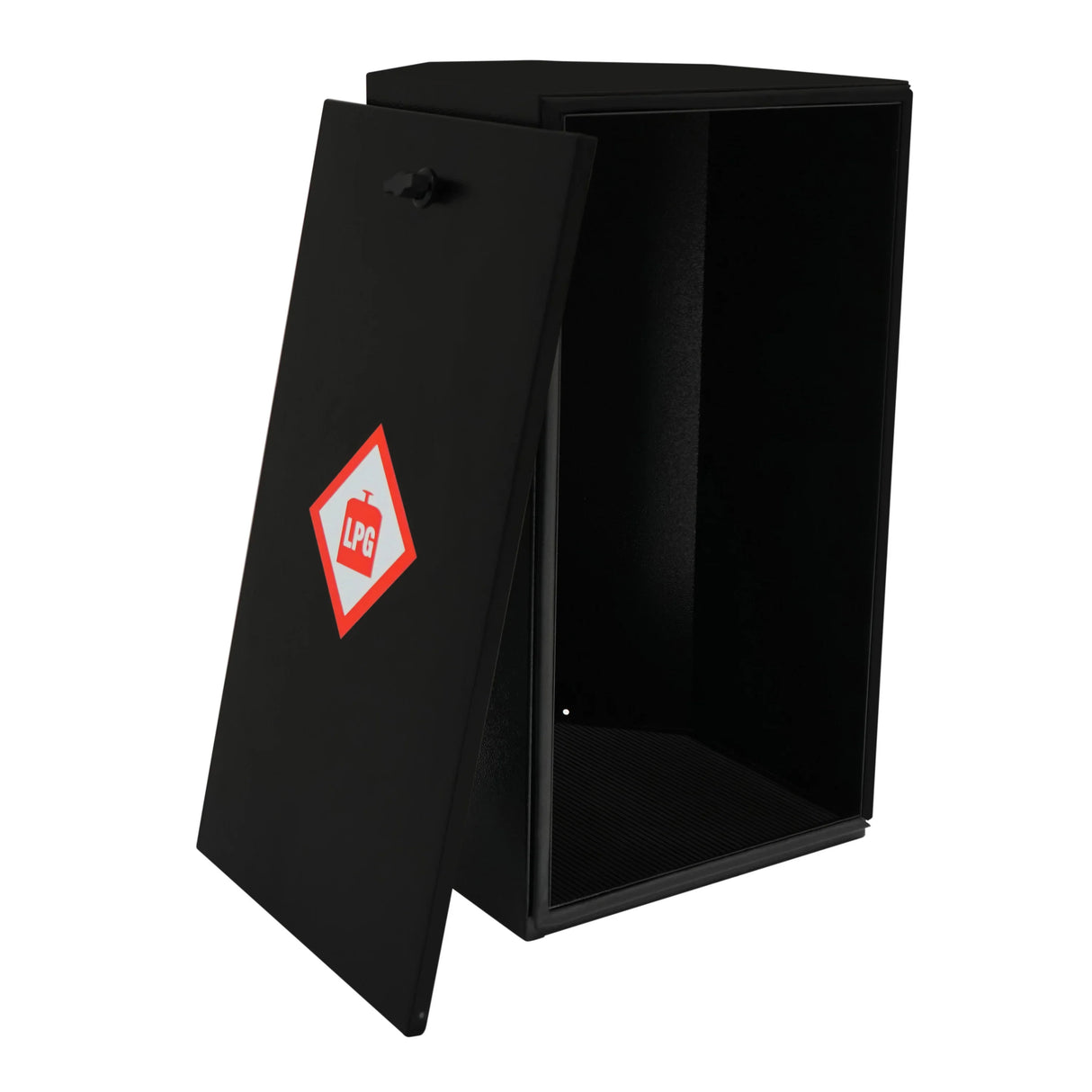 Sturdy black gas bottle locker with an open door, featuring a red LPG hazard symbol, designed for secure 6kg gas storage