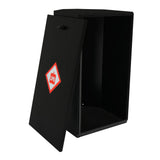 Sturdy black gas bottle locker with an open door, featuring a red LPG hazard symbol, designed for secure 6kg gas storage