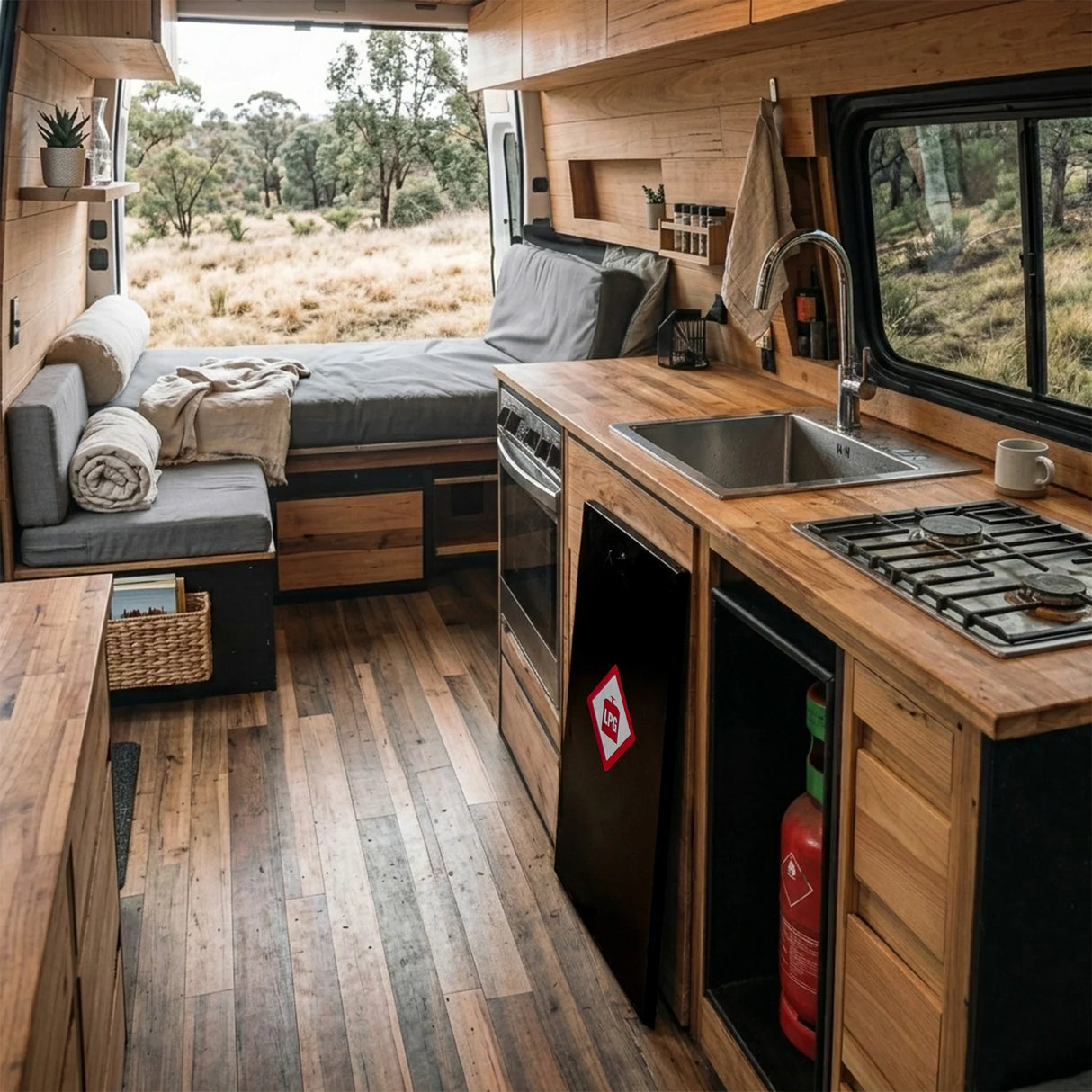 Stylish gas bottle locker for 6kg bottles, featuring a sleek design, wooden cabinetry, and a modern kitchen setup in a camper van