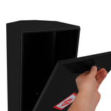 Black gas bottle locker with a hinged door, designed for securely storing 6kg LPG bottles, featuring a smooth finish and safety label
