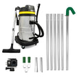 50L wet and dry vacuum with stainless steel body, flexible hose, gutter vacuum poles, and an action camera for versatile cleaning tasks