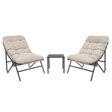 Stylish 3 piece bistro set featuring two cream cushioned chairs with black metal frames and a sleek black glass-top table