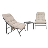 Stylish 3 piece bistro set featuring grey metal frames, cream cushioned chairs, and a sleek black side table, perfect for outdoor relaxation