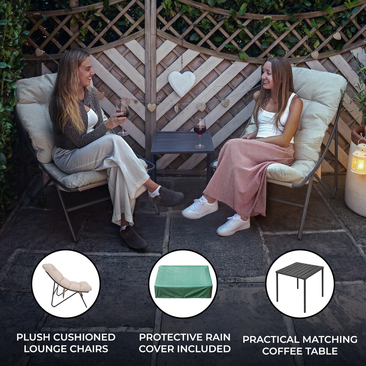 Plush grey and cream cushioned lounge chairs with a matching coffee table, set in a cozy outdoor garden space