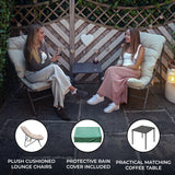 Plush grey and cream cushioned lounge chairs with a matching coffee table, set in a cozy outdoor garden space