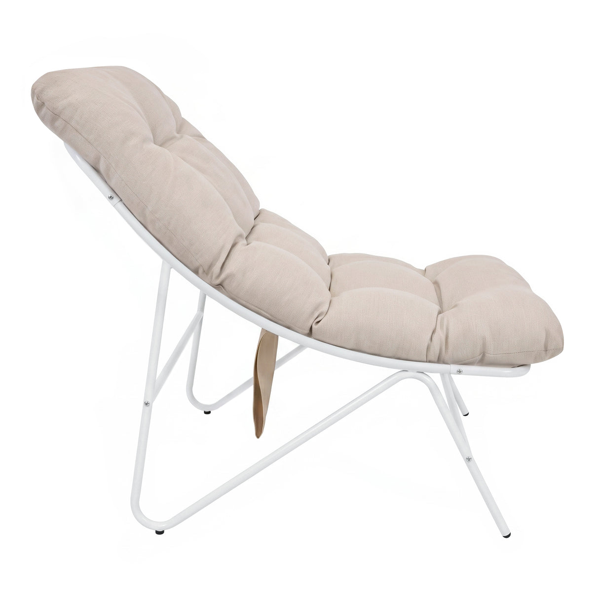 Cream-colored cushioned chair with a sleek white metal frame, featuring a modern, curved design and soft, tufted upholstery