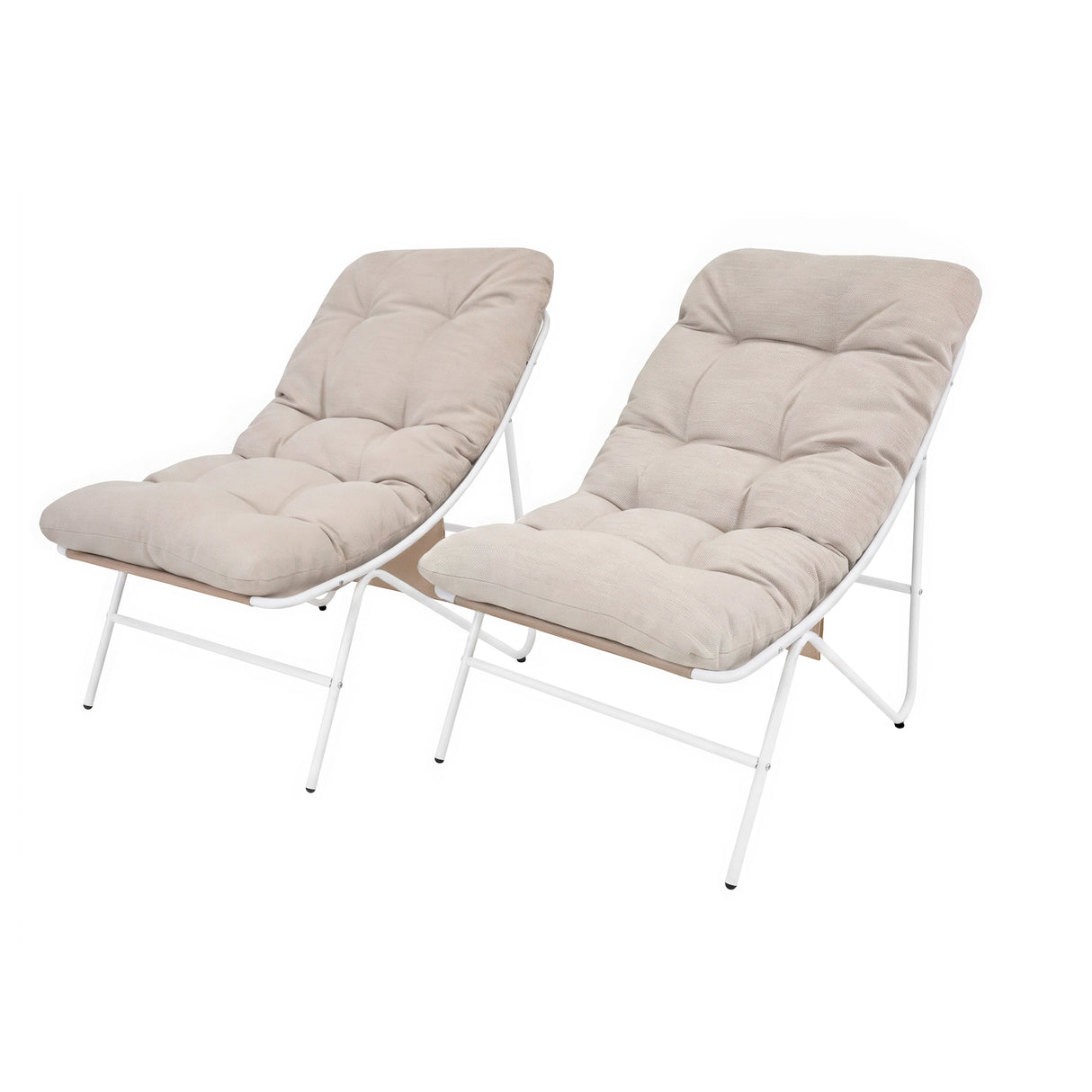 Cream-colored cushioned chairs with tufted fabric and white metal frames, designed for a stylish bistro set, perfect for outdoor dining