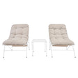 Cream-colored cushions on two lounge chairs with a sleek, white metal frame and a matching glass-top table in between