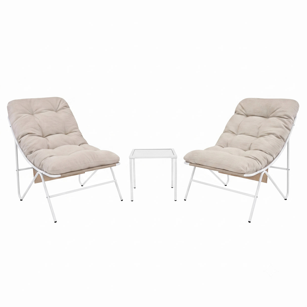 Cream-colored cushioned chairs with tufted fabric and a sleek glass-top table, perfect for outdoor bistro settings