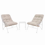 Cream-colored cushioned chairs with tufted fabric and a sleek glass-top table, perfect for outdoor bistro settings