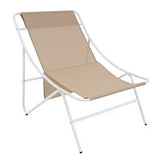 Cream fabric lounge chair with a sleek white metal frame, featuring a modern, minimalist design and a comfortable, relaxed shape