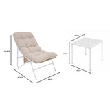 Cream-colored 3 piece bistro set featuring a cushioned lounge chair and a sleek, white metal table, ideal for outdoor dining