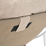 Close-up of a cream-colored bistro chair's textured fabric and sturdy frame, highlighting the stitching and supportive design