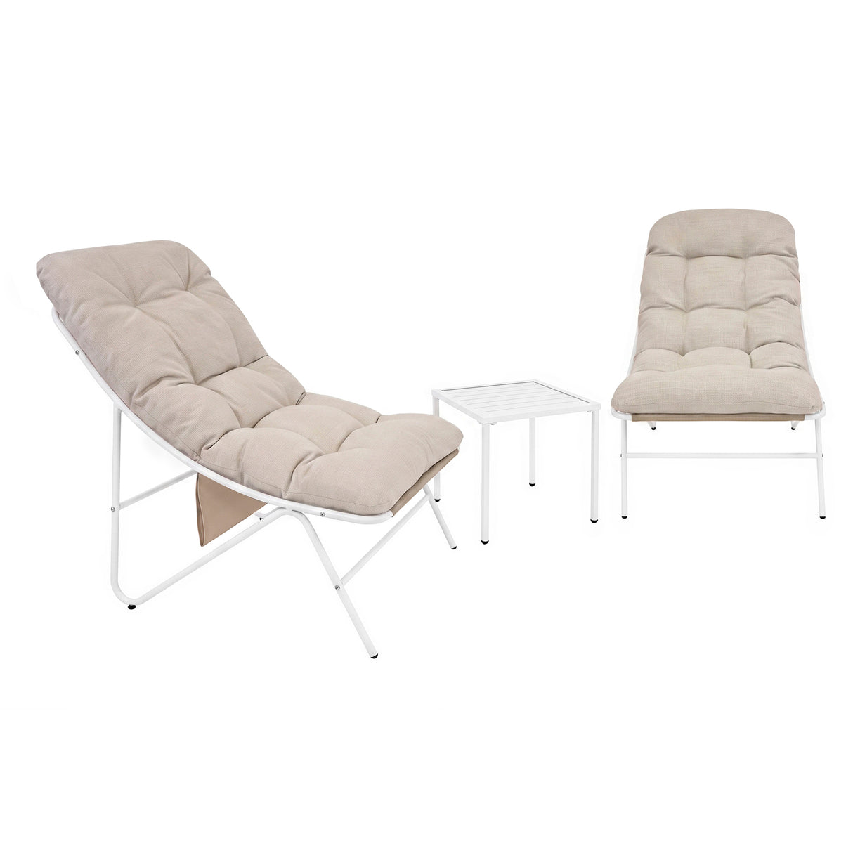 Cream-colored cushioned chairs with tufted upholstery and a matching white metal side table, perfect for outdoor bistro settings