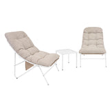 Cream-colored cushioned chairs with tufted upholstery and a matching white metal side table, perfect for outdoor bistro settings