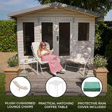 Cream 3 piece bistro set featuring plush cushioned lounge chairs and a matching coffee table, perfect for outdoor relaxation