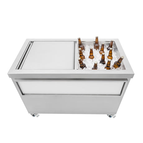 Stainless steel ice chest on wheels, filled with ice and various bottled beverages, featuring a sleek, modern design