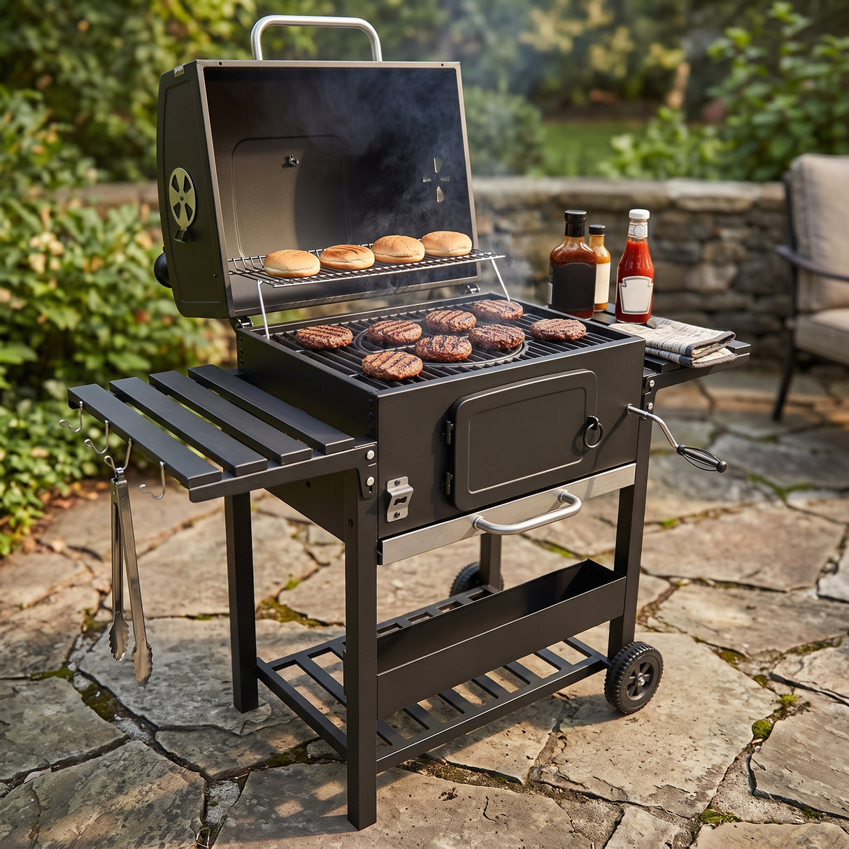 XL BBQ smoker grill with a black finish, cooking burgers and steaks, featuring a side shelf and condiments on a stone patio