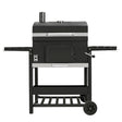XL BBQ smoker grill in sleek black with stainless steel accents, featuring a spacious cooking area and sturdy wheels for mobility