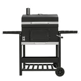 XL BBQ smoker grill in sleek black with stainless steel accents, featuring a spacious cooking area and sturdy wheels for mobility