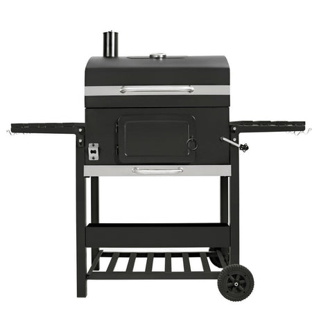 XL BBQ smoker grill in sleek black with stainless steel accents, featuring a spacious cooking area and sturdy wheels for mobility
