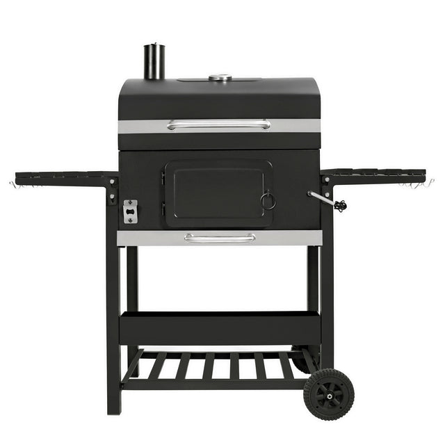 XL BBQ smoker grill in sleek black with stainless steel accents, featuring a spacious cooking area and sturdy wheels for mobility