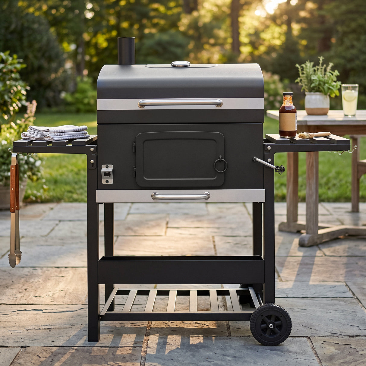 XL BBQ smoker grill in sleek black with stainless steel accents, positioned on a stone patio, surrounded by greenery and outdoor furniture