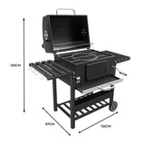 XL BBQ smoker grill with a black finish, spacious cooking area, side shelves, and sturdy wheels for easy mobility, measuring 120cm tall