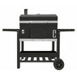 XXL BBQ smoker grill in sleek black with stainless steel accents, featuring side shelves, a sturdy cart, and a large cooking chamber