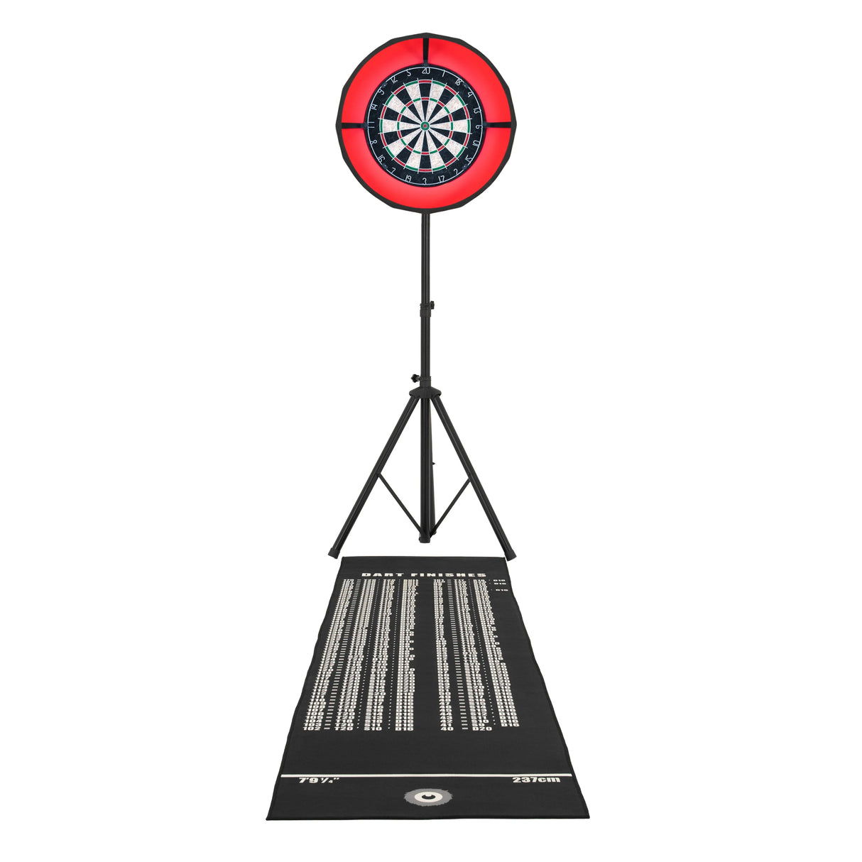 7-in-1 oak games table with a red LED dartboard, black mat with scoring, and adjustable stand for indoor gaming fun