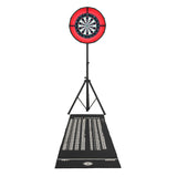 7-in-1 oak games table with a red LED dartboard, black mat with scoring, and adjustable stand for indoor gaming fun