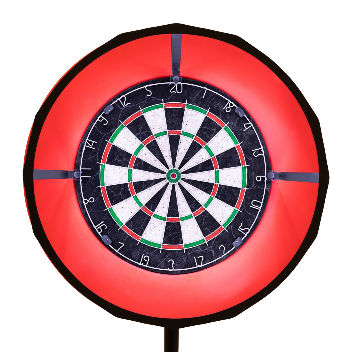 LED-lit dartboard with vibrant red surround, featuring a classic black and white target design, ideal for the 7-In-1 Oak Games Table
