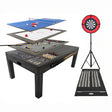 7-in-1 grey games table featuring layers for ping pong, air hockey, billiards, and darts, with LED light and accessories included