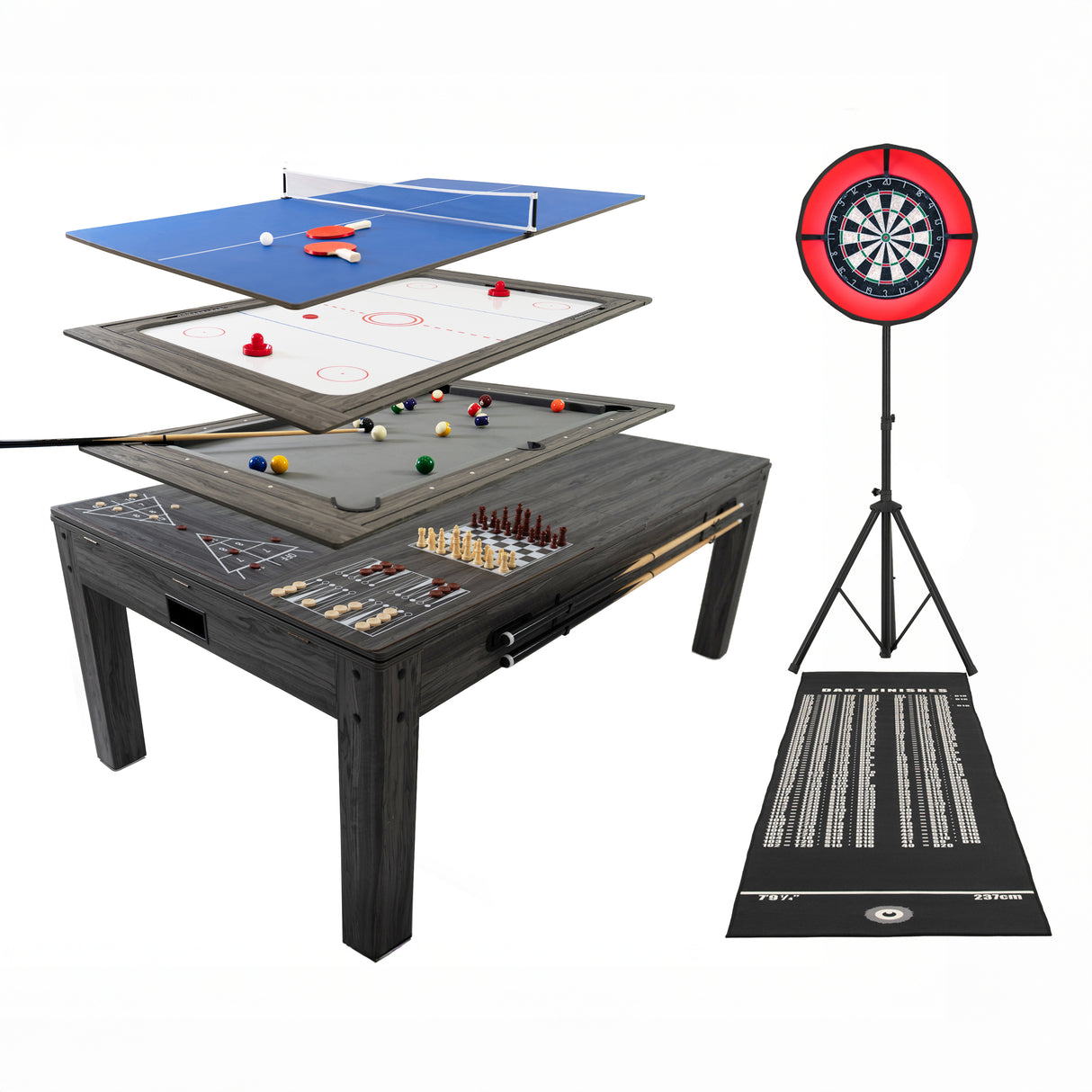 7-In-1 Grey Games Table, Darts Bundle & LED Light