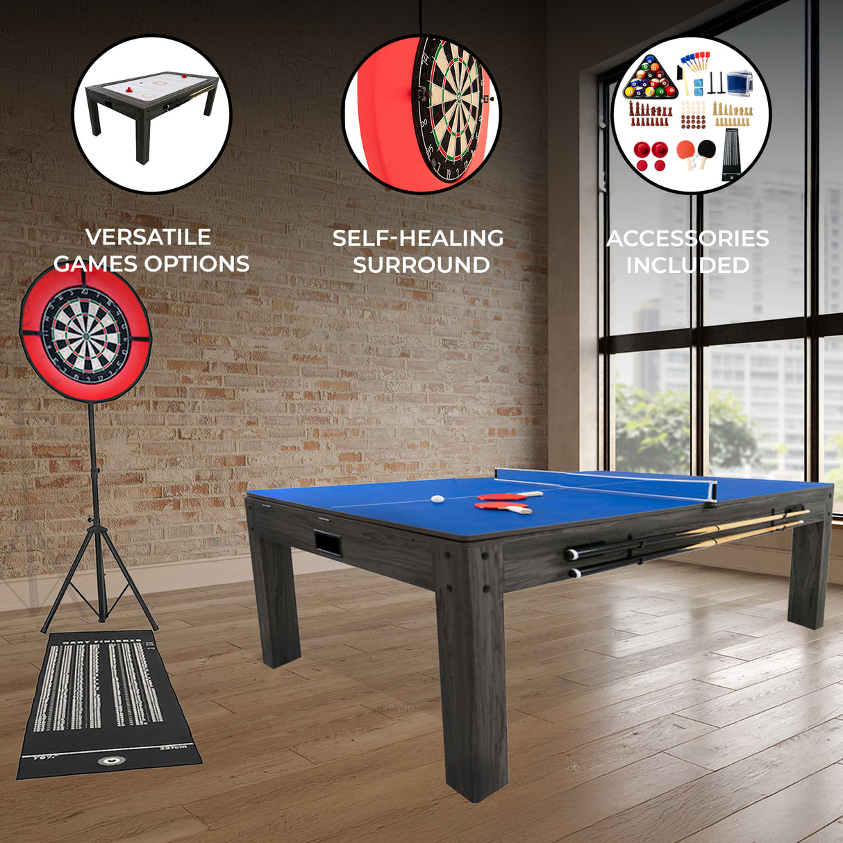 7-In-1 Grey Games Table, Darts Bundle & LED Light
