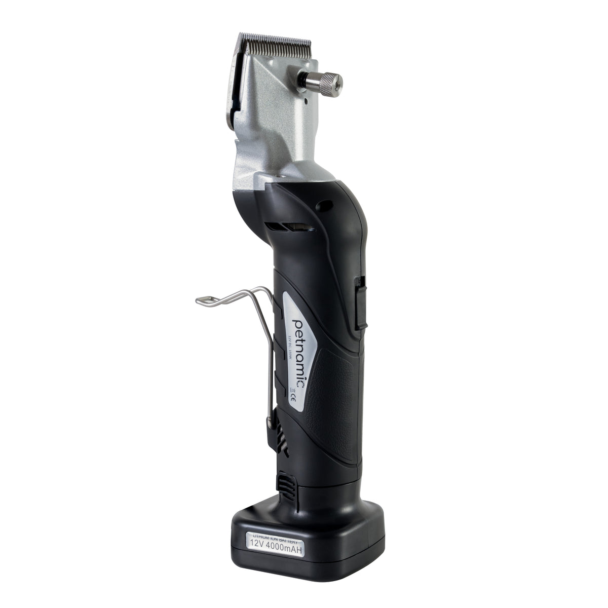 Cordless horse clippers in sleek black design with ergonomic grip, stainless steel blade, and rechargeable battery for easy grooming