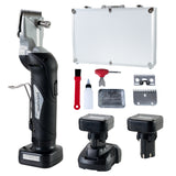 Cordless black horse clippers with ergonomic handle, two rechargeable batteries, and grooming accessories in a silver carrying case