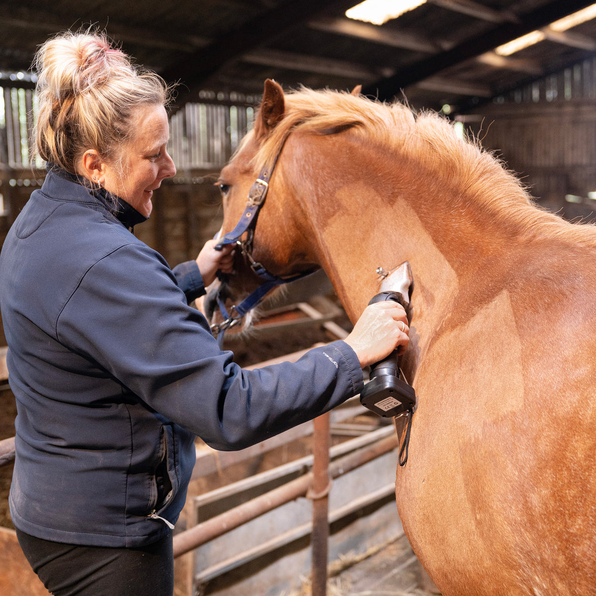 A woman using cordless black horse clippers on a chestnut horse, showcasing smooth fur and the clippers' sleek design in a barn setting
