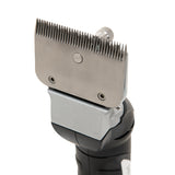 Cordless horse clippers with a sleek black ergonomic handle and stainless steel blade, designed for efficient grooming and comfort