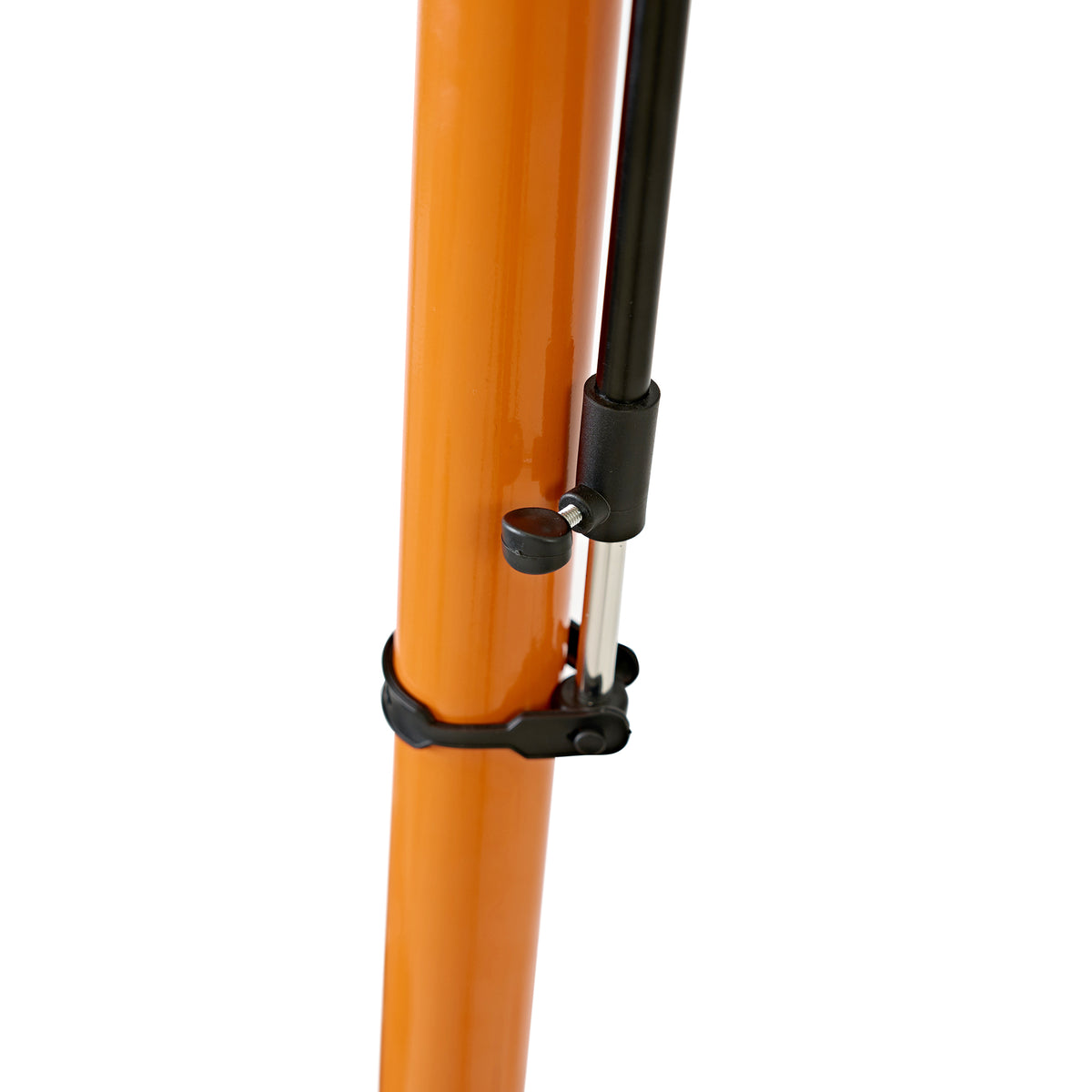 Sturdy bike mechanic repair stand featuring a vibrant orange metal frame, adjustable height, and secure locking mechanism for stability